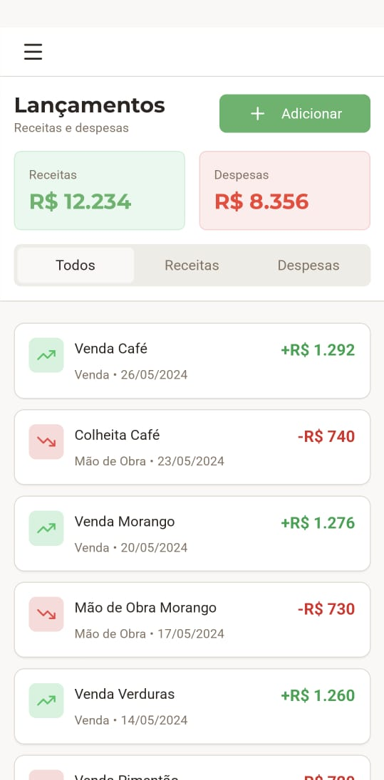 Tela de lancamentos por safra